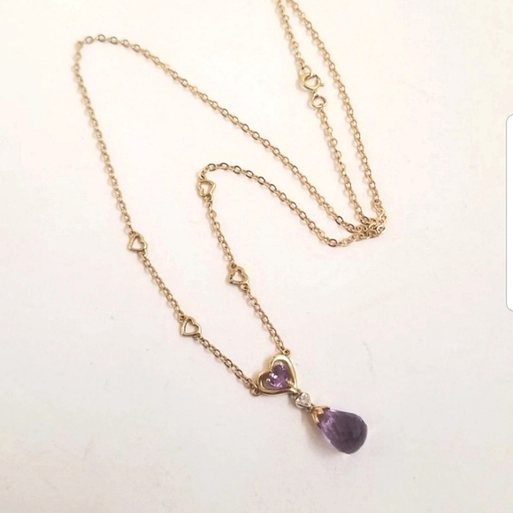 14k Yellow Gold Amethyst Diamond Necklace Teardrop Briolette - Picture 10 of 10